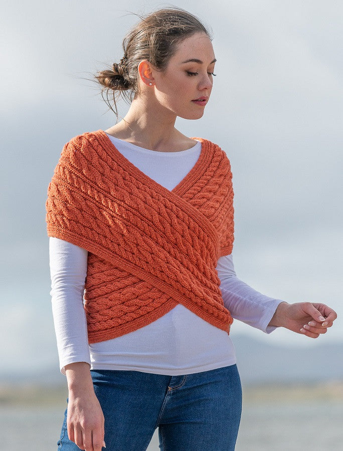 Merino Aran Cable Crossover Wrap with Buttons - Autumn Leaf 