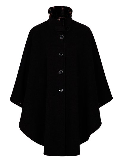 Cashmere Wool Cape With Faux Fur Collar - Black 