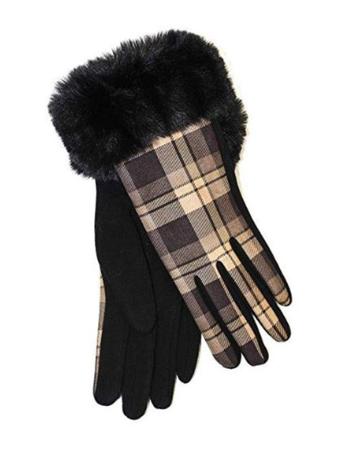 Ladies Faux Fur Trim Gloves- Black Box Check 