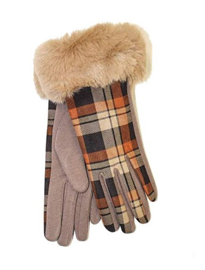 Ladies Faux Fur Trim Gloves- Camel Box Check 