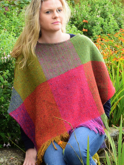 Handwoven Ladies Tweed Fringed Poncho - Carnival 