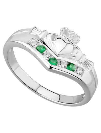 Emerald &amp; Cz Claddagh Wishbone Ring