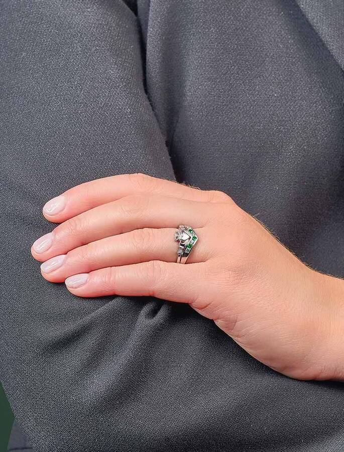 Emerald &amp; Cz Claddagh Wishbone Ring