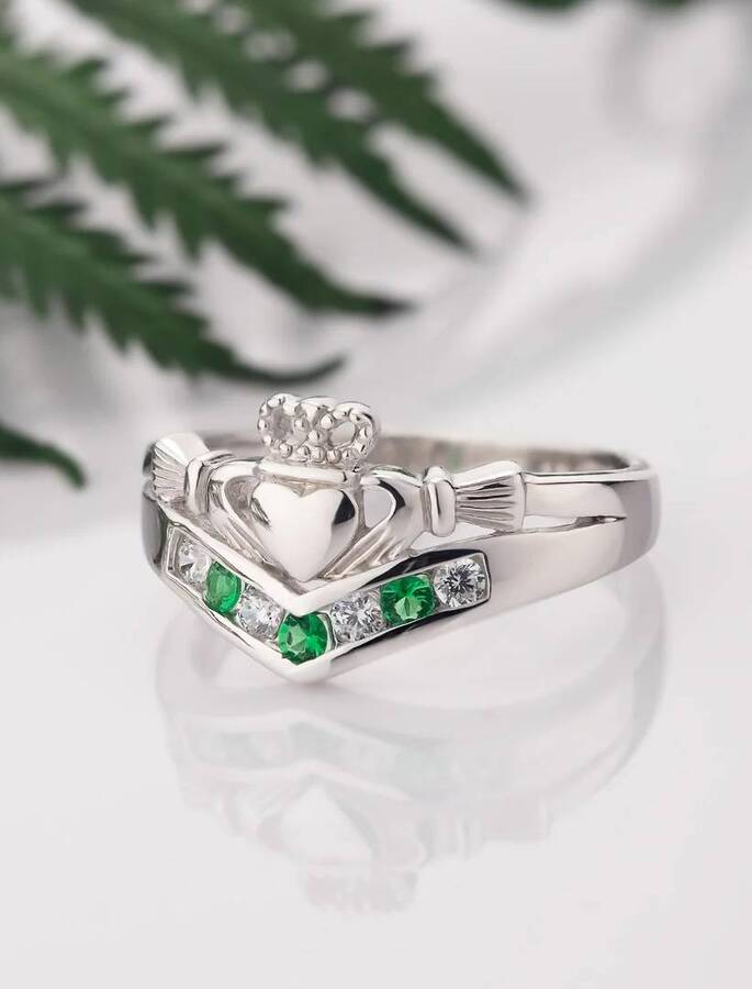 Emerald &amp; Cz Claddagh Wishbone Ring
