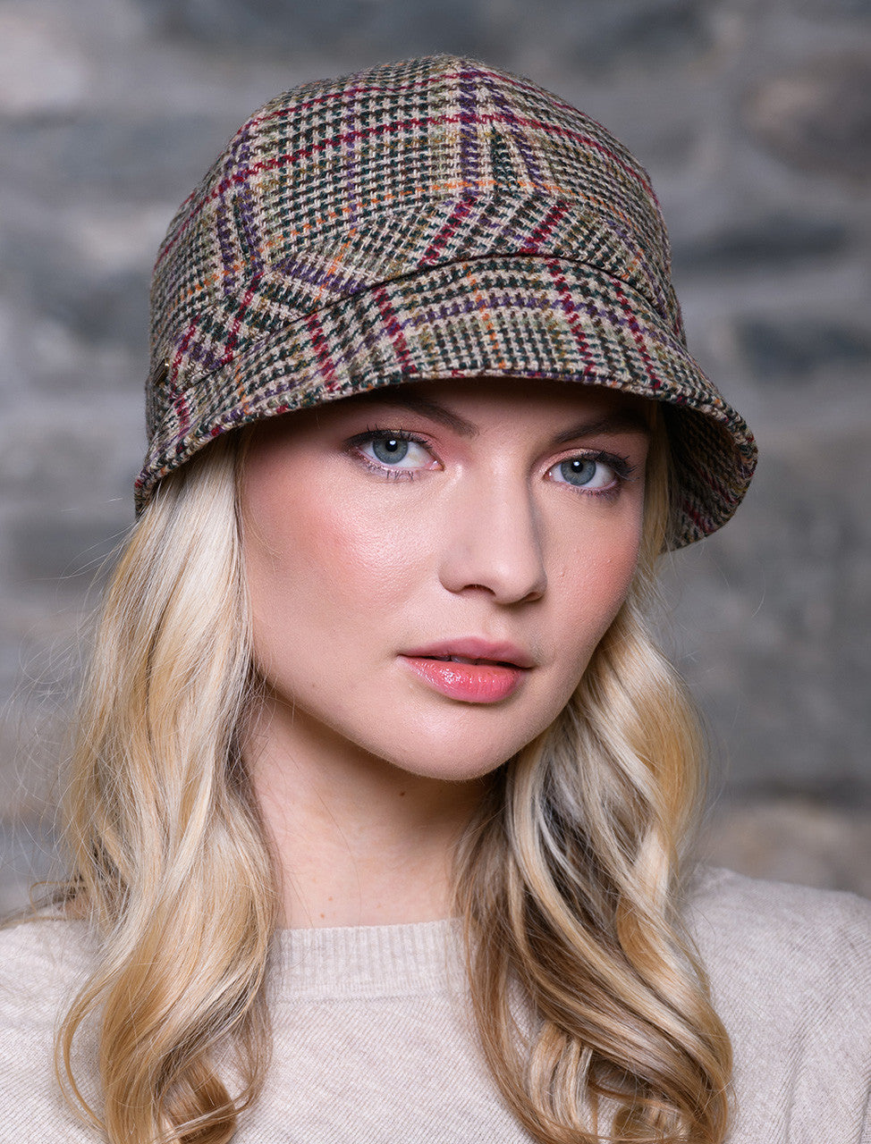 Ladies Tweed Flapper Cap - Cream, Red &amp; Beige 