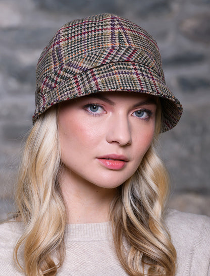 Ladies Tweed Flapper Cap - Cream, Red &amp; Beige 