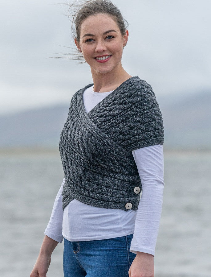 Merino Aran Cable Crossover Wrap with Buttons - Derby Grey 