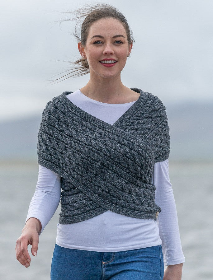 Merino Aran Cable Crossover Wrap with Buttons - Derby Grey 