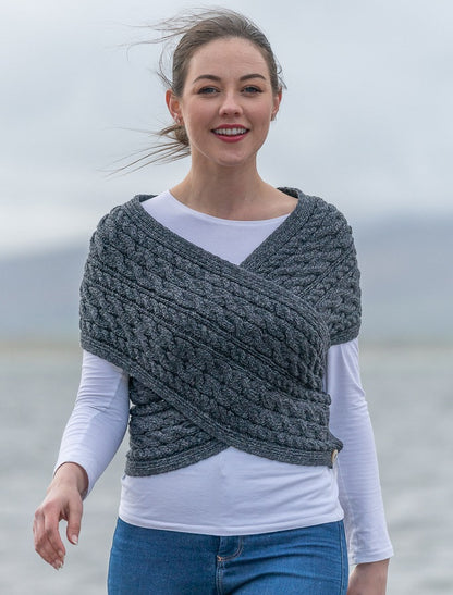 Merino Aran Cable Crossover Wrap with Buttons - Derby Grey 