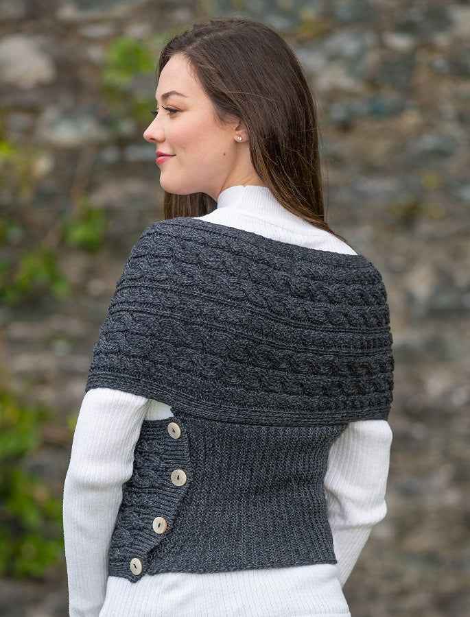 Merino Aran Cable Crossover Wrap with Buttons - Derby Grey 