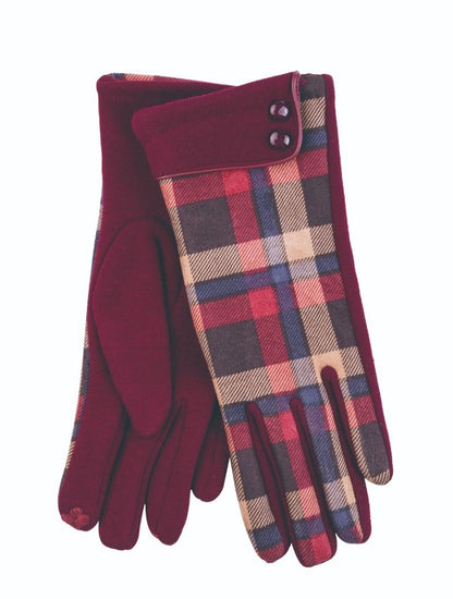 Ladies Tweed Button Cuff Gloves- Oxblood Check 