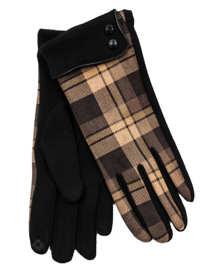  Ladies Tweed Button Cuff Gloves- Black Check 