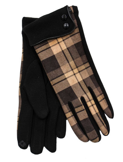  Ladies Tweed Button Cuff Gloves- Black Check 