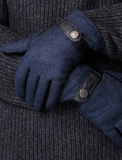 Mens Tweed Stud Gloves - Navy Herringbone 
