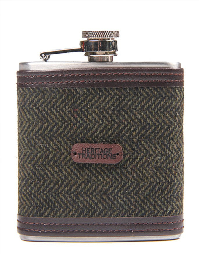 Tweed Hip Flask - Green Herringbone 