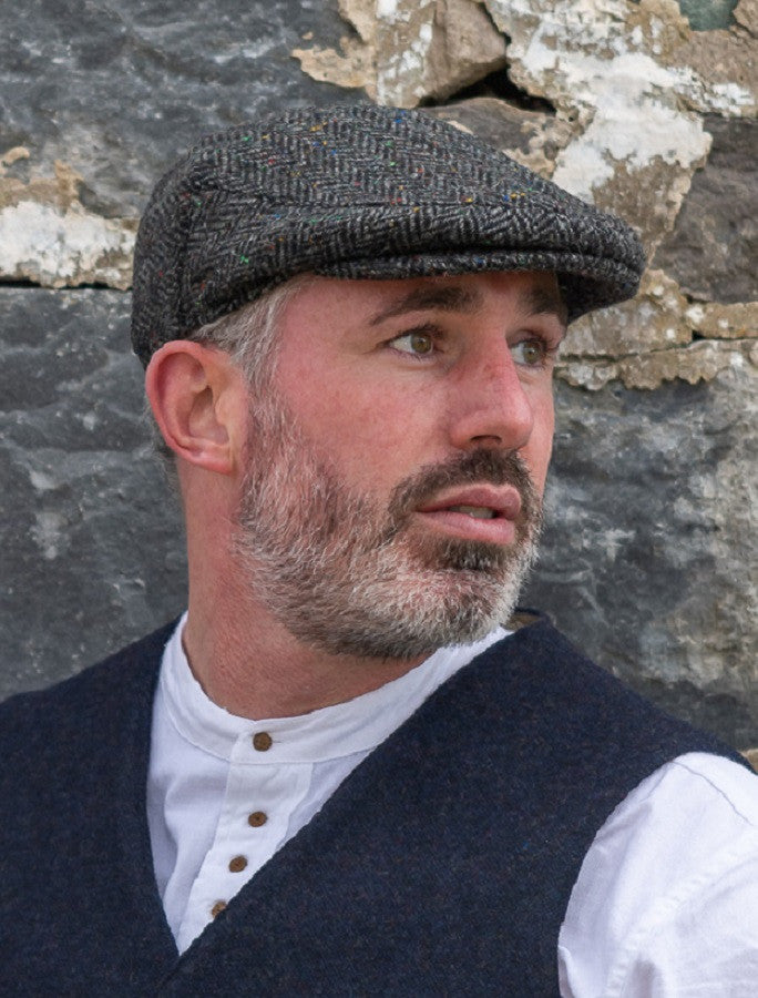 Tweed Herringbone Flat Cap - Charcoal 