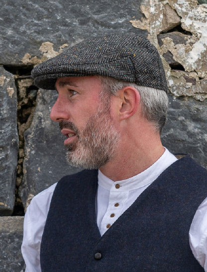 Tweed Herringbone Flat Cap - Charcoal 