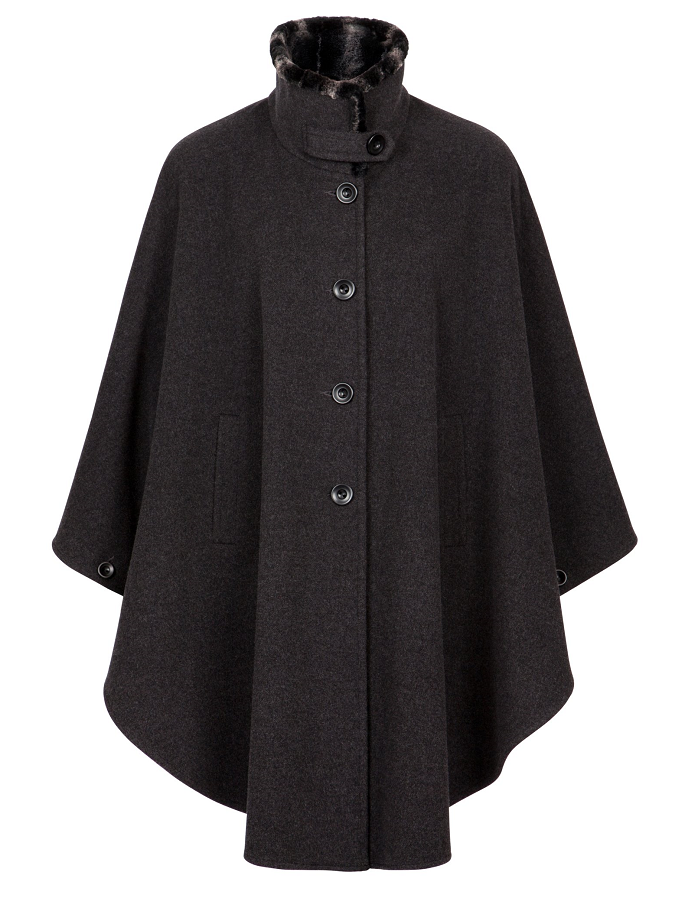Cashmere Wool Cape With Faux Fur Collar - Charcoal 