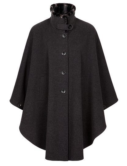 Cashmere Wool Cape With Faux Fur Collar - Charcoal 