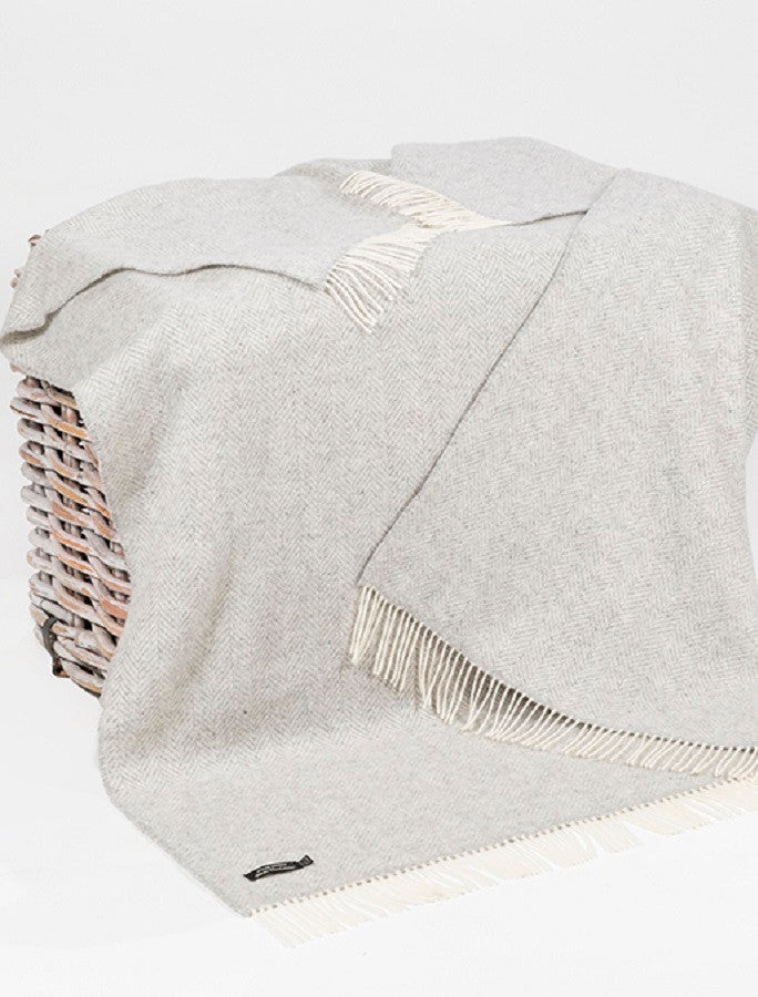 Cashmere Wool Throw - Grey &amp; Cream Herringbone