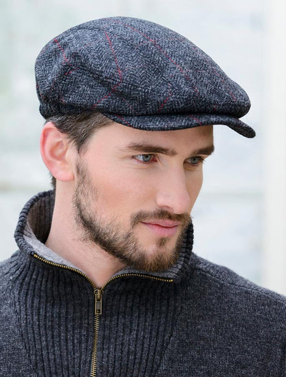 Kerry Tweed Flat Cap - Charcoal with Red