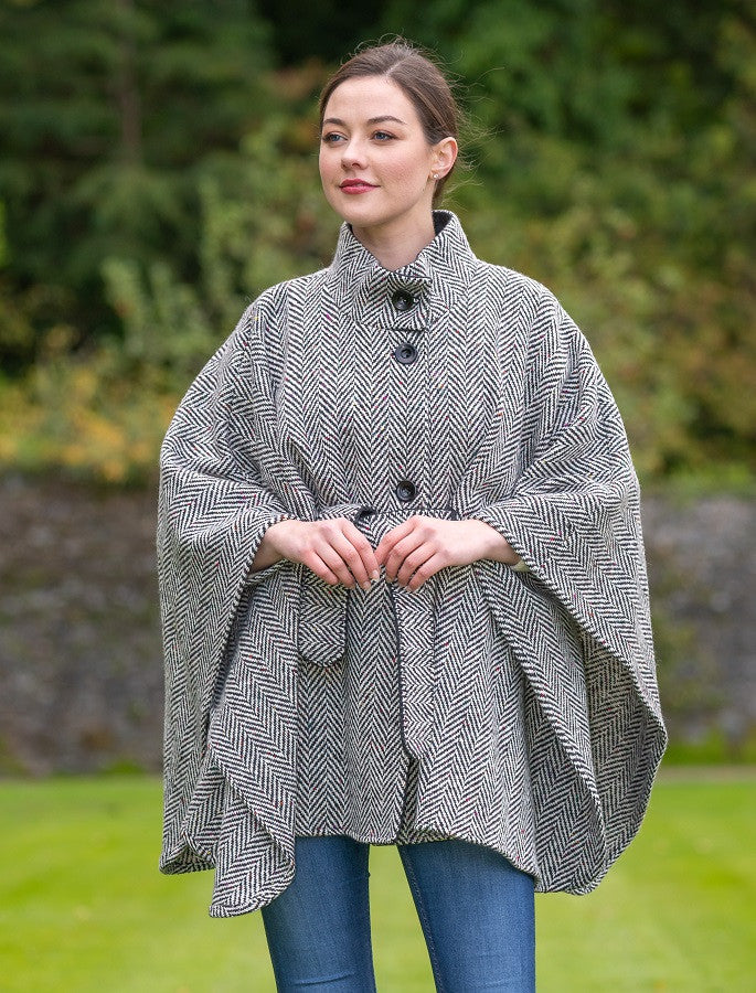 Belted Tweed Black &amp; White Herringbone Cape 