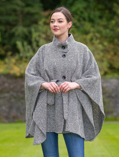 Belted Tweed Black &amp; White Herringbone Cape 