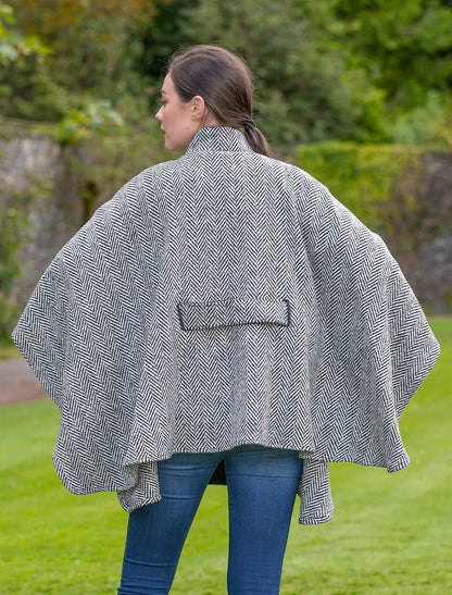 Belted Tweed Black &amp; White Herringbone Cape 