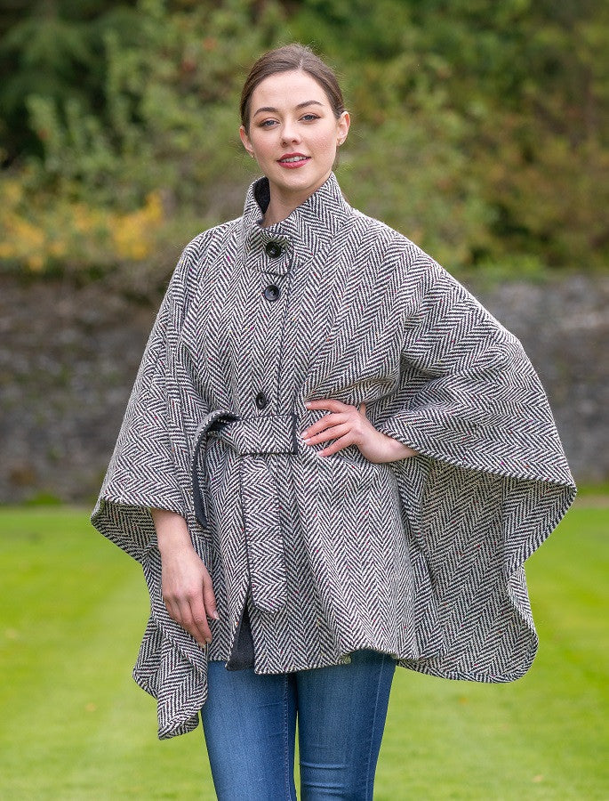 Belted Tweed Black &amp; White Herringbone Cape 