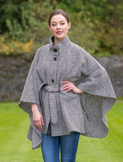 Belted Tweed Black &amp; White Herringbone Cape 