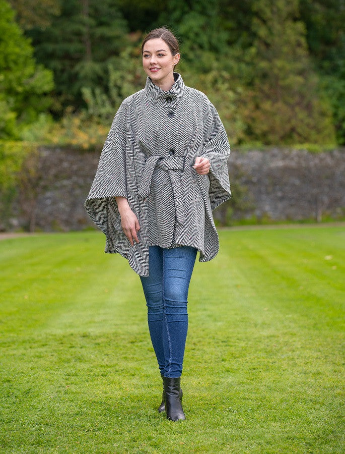 Belted Tweed Black &amp; White Herringbone Cape 