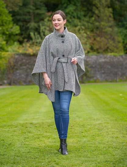 Belted Tweed Black &amp; White Herringbone Cape 