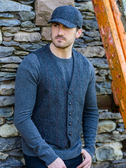 Irish Tweed Herringbone Waistcoat - Charcoal &amp; Red