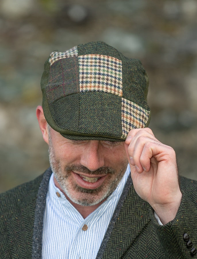 Heritage Patchwork Flat Cap – Multi Green Brown 