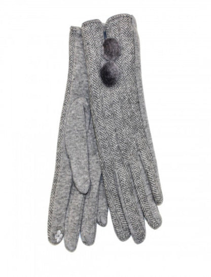 Ladies Double Pom Pom Gloves -Silver Herringbone 