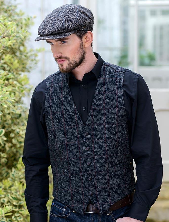 Irish Tweed Herringbone Waistcoat - Charcoal &amp; Red