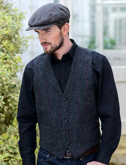 Irish Tweed Herringbone Waistcoat - Charcoal &amp; Red