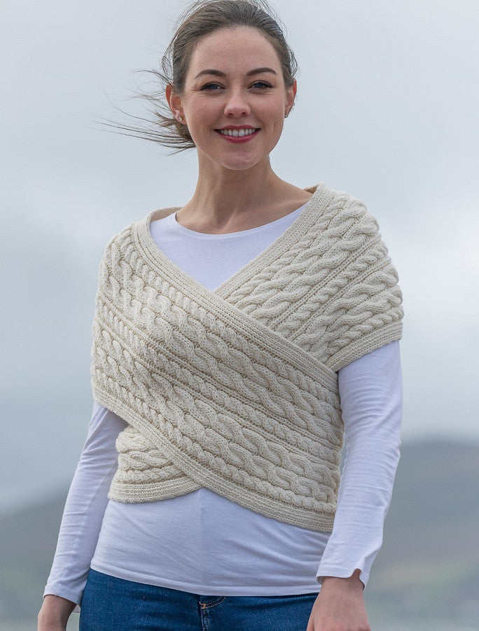 Merino Aran Cable Crossover Wrap with Buttons - White 