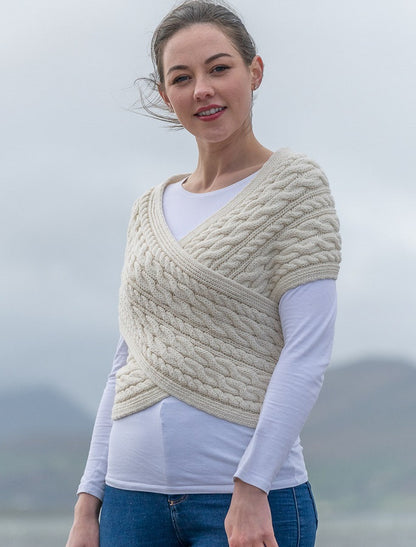 Merino Aran Cable Crossover Wrap with Buttons - White 