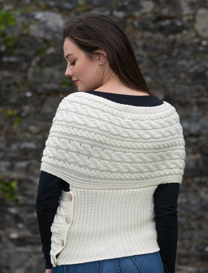 Merino Aran Cable Crossover Wrap with Buttons - White 