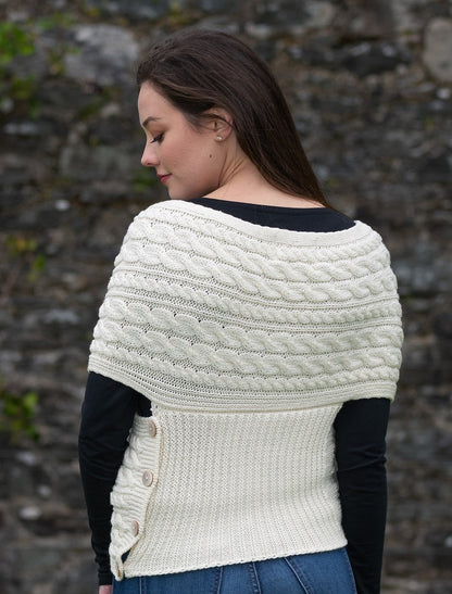 Merino Aran Cable Crossover Wrap with Buttons - White 