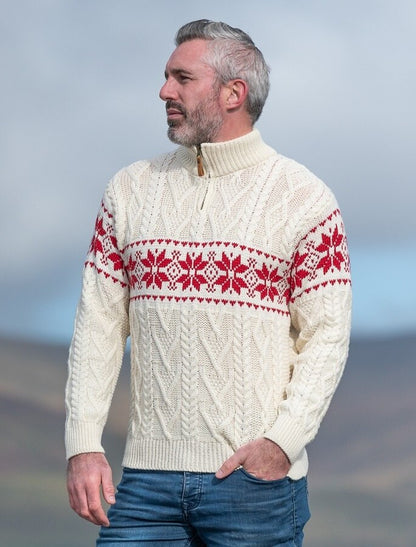 Winter Fair Isle Zip-Neck Aran Sweater - Natural Cherry 