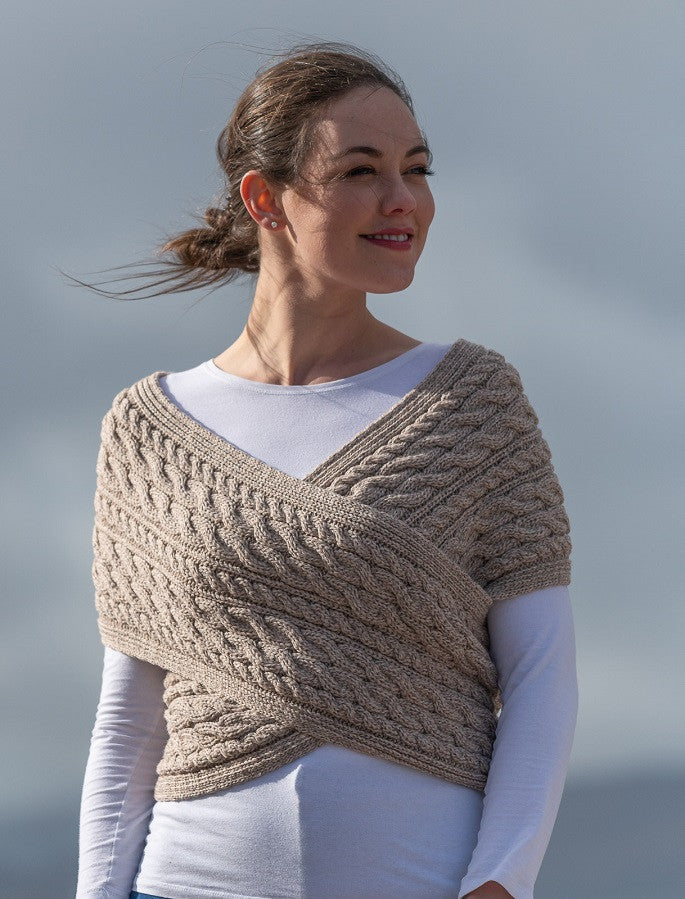 Merino Aran Cable Crossover Wrap with Buttons - Wicker 