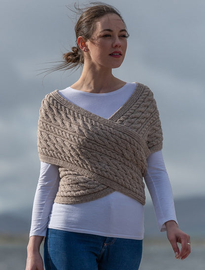 Merino Aran Cable Crossover Wrap with Buttons - Wicker 
