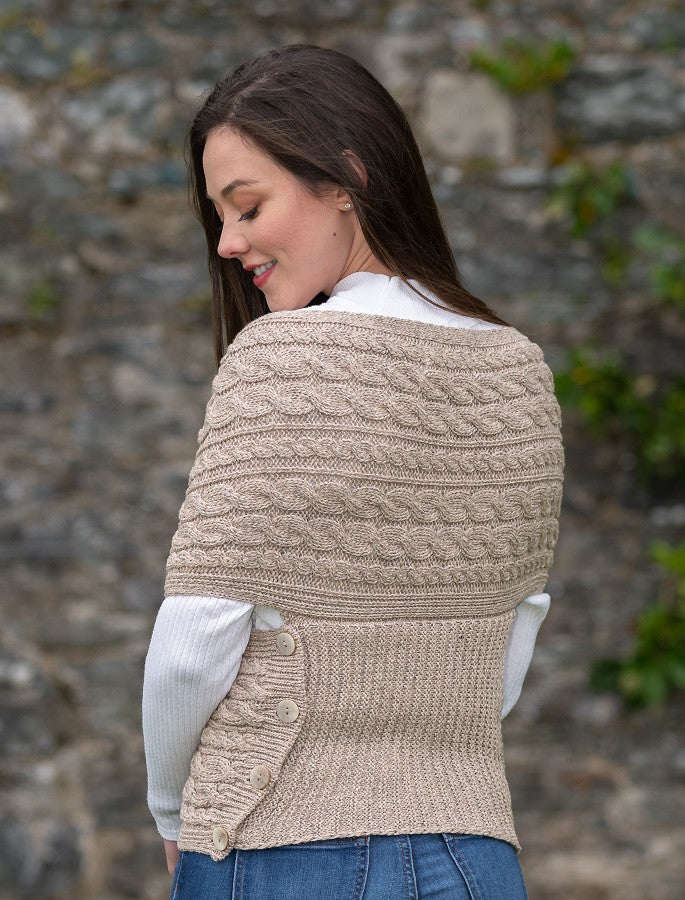 Merino Aran Cable Crossover Wrap with Buttons - Wicker 
