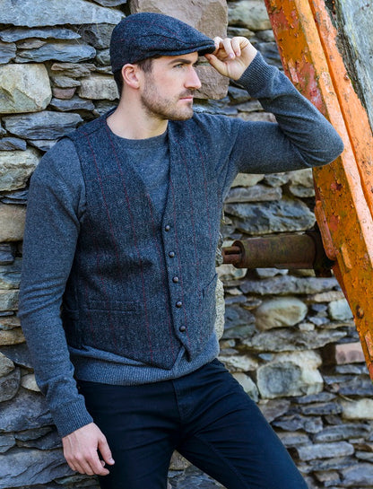 Irish Tweed Herringbone Waistcoat - Charcoal &amp; Red