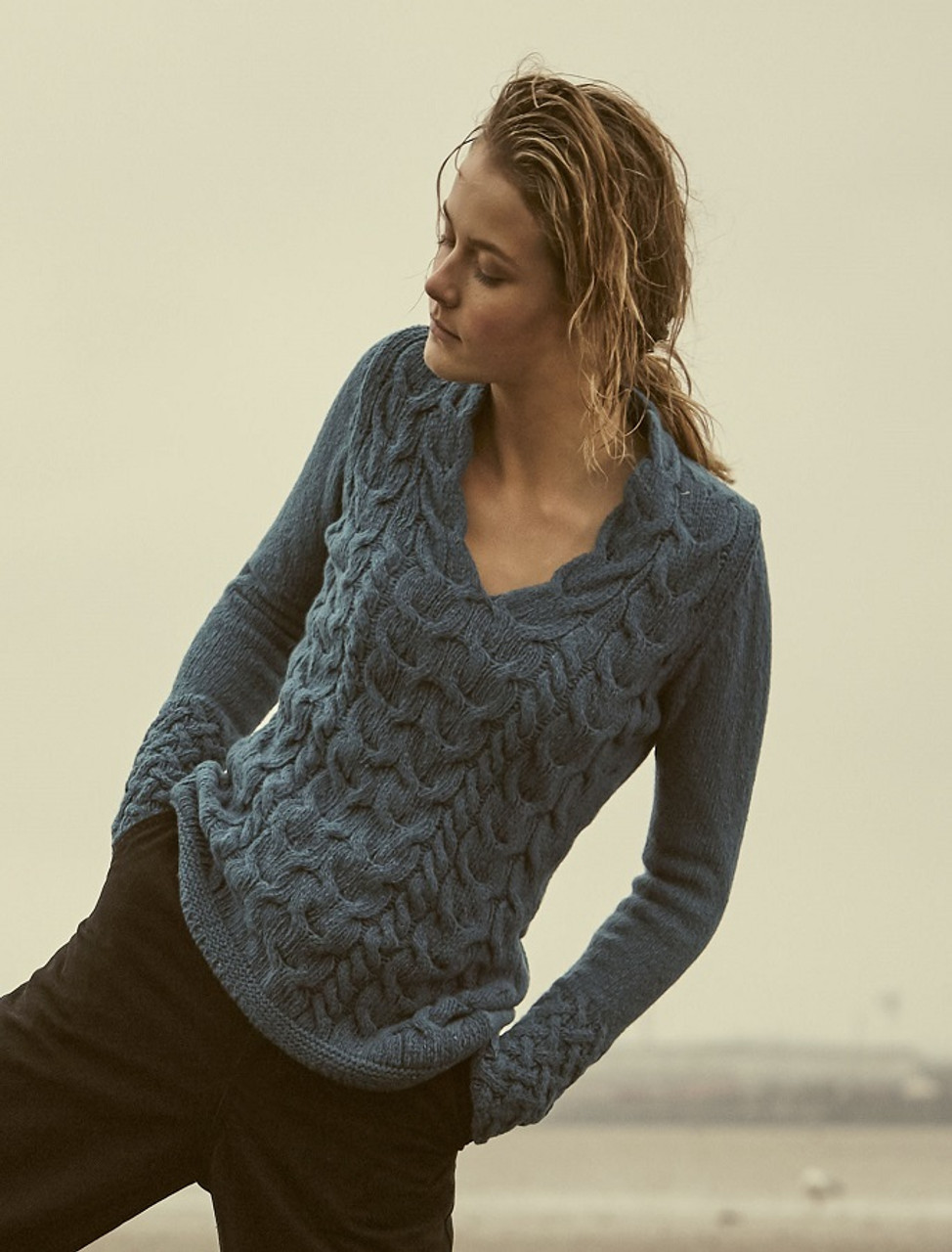 Wool Cashmere Cable V-Neck Sweater